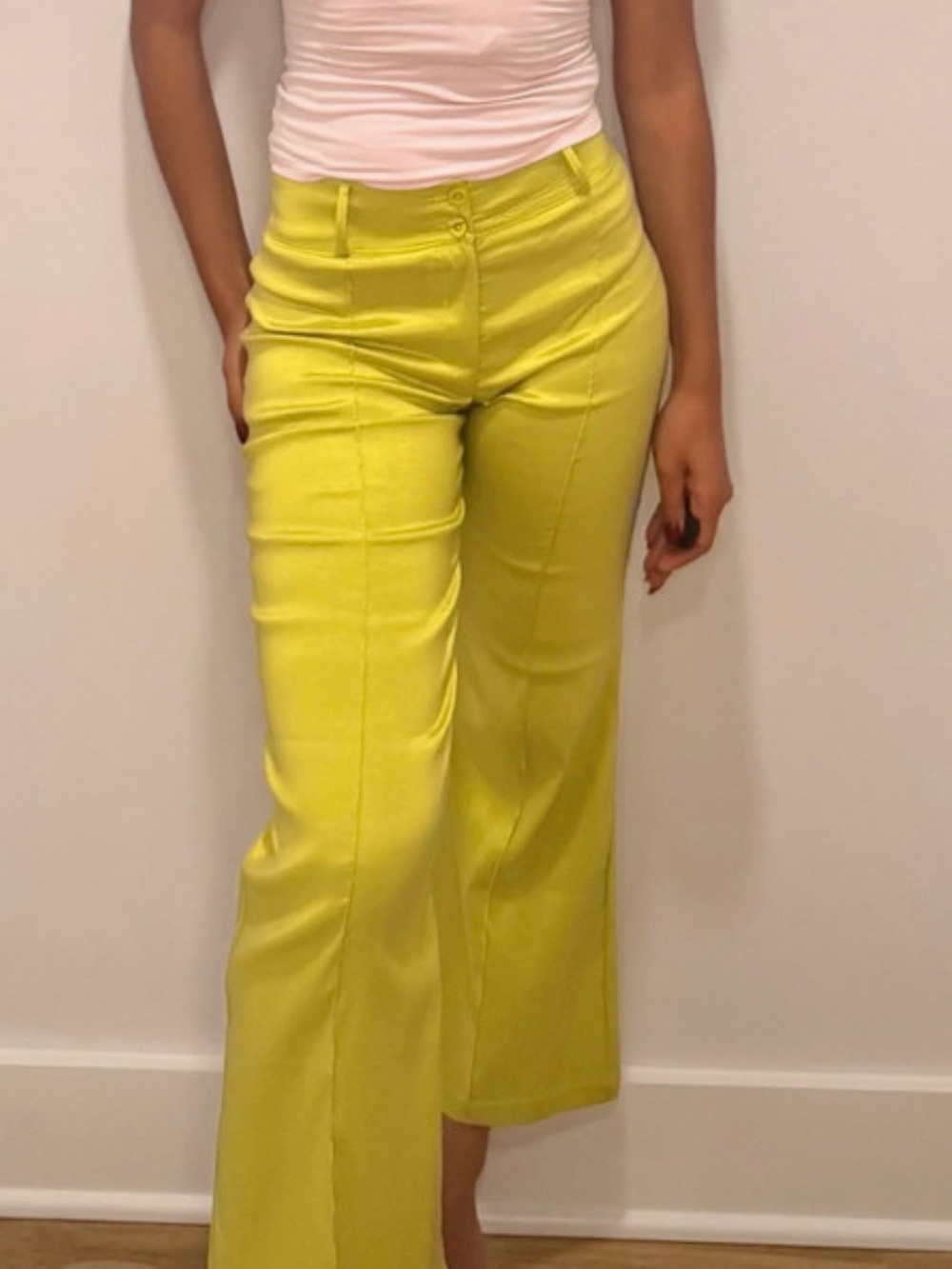 Anthropologie Chartreuse Lime Green Cotton Wide-Leg Pants XS